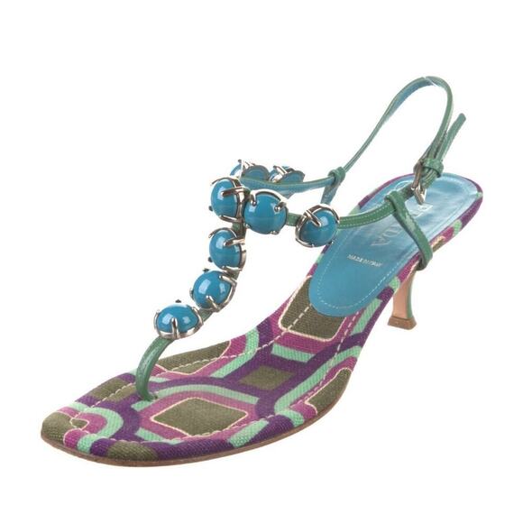 Vintage Prada Sandals T-Strap Kitten Heels Mules Jewel Accents Pattern Y2k 40 - Picture 1 of 6